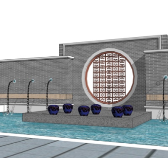 新中式水池景观墙su模型