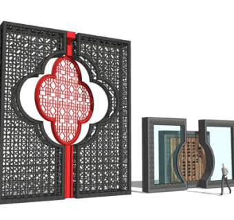 新中式景观墙su模型