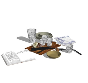 现代碗碟水杯摆件su模型