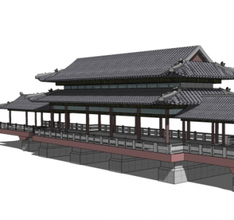 中式古建廊道楼阁su模型