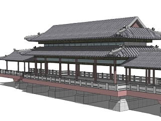 中式古建廊道楼阁su模型