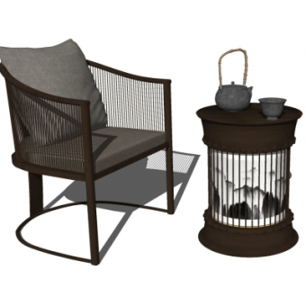 中式实木单椅组合su模型