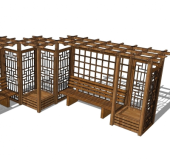 中式带廊架公用椅su模型