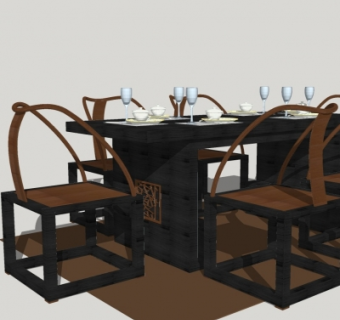 新中式餐桌椅su模型
