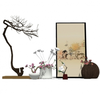 中式装饰画摆件su模型