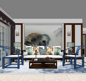 新中式客餐厅su模型