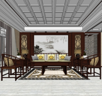 新中式客餐厅su模型