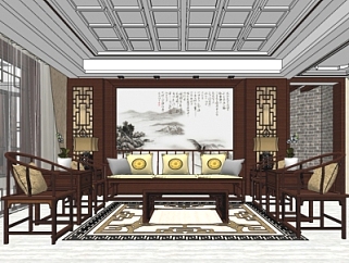 新中式客餐厅su模型