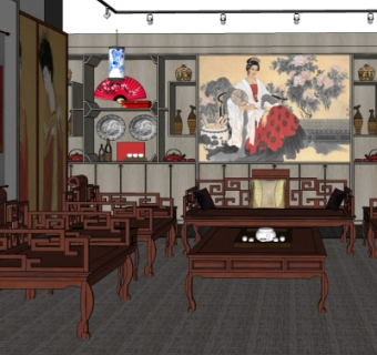 中式客厅su模型