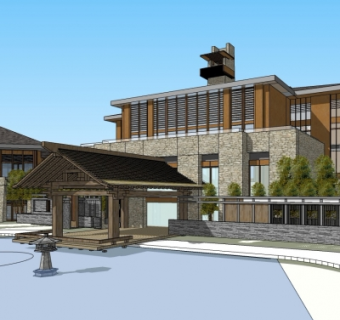 中式度假酒店su模型