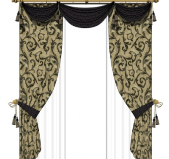 中式布艺窗帘su模型