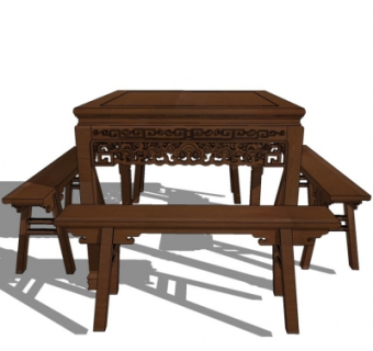 中式实木四方餐桌椅su模型