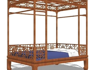 中式实木双人床su模型