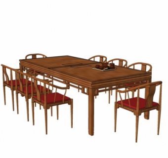 中式实木餐桌椅su模型