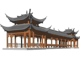 中式廊桥su模型