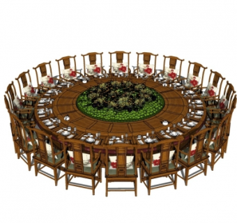 中式实木圆形餐桌椅组合su模型