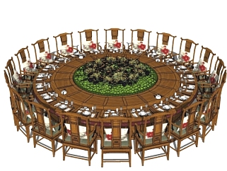 中式实木圆形餐桌椅组合su模型