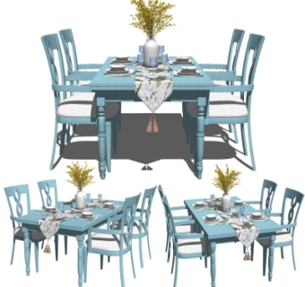 地中海实木餐桌椅su模型