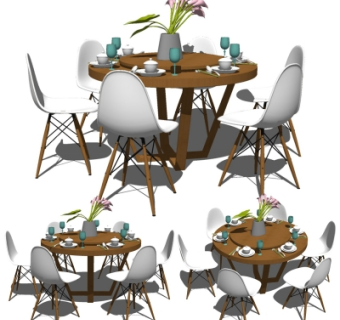 现代实木圆形餐桌椅su模型