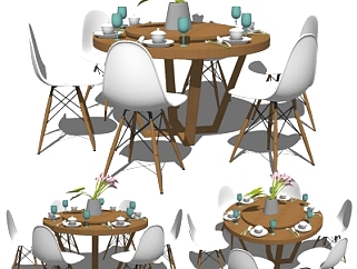 现代实木圆形餐桌椅su模型