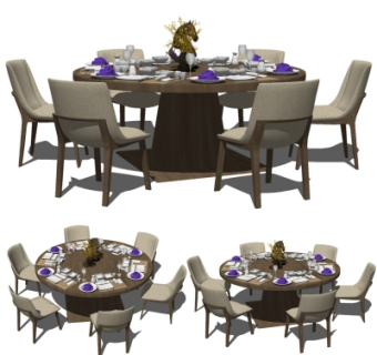 现代实木圆形餐桌椅su模型