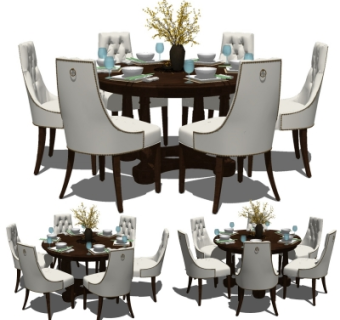 简欧实木圆形餐桌椅su模型