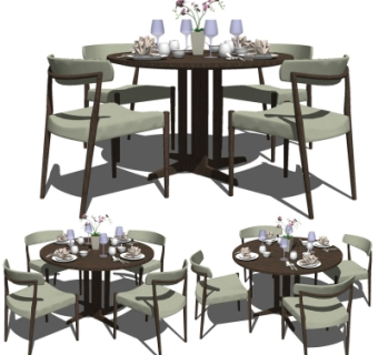 现代实木圆形餐桌椅su模型