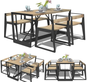 工业风实木餐桌椅su模型