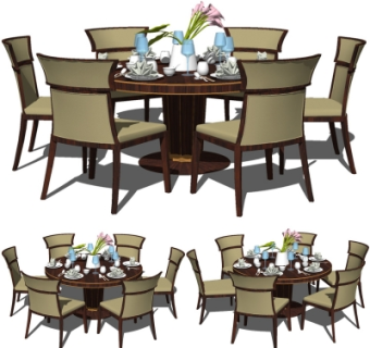 现代实木圆形餐桌椅su模型