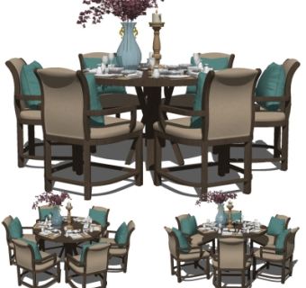 新中式实木圆形餐桌椅su模型