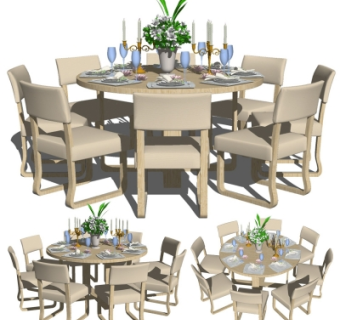 现代实木圆形餐桌椅su模型