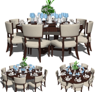 现代实木圆形餐桌椅su模型