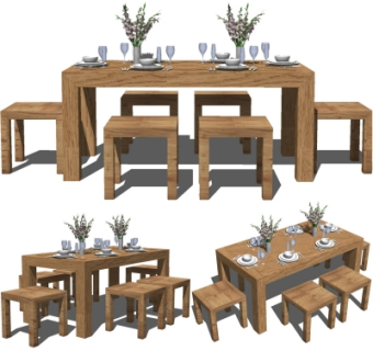 自然风原木餐桌椅su模型