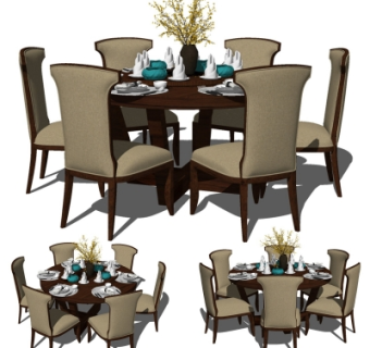 现代实木圆形餐桌椅su模型