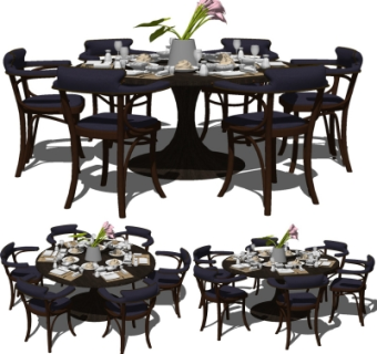 新中式圆形餐桌椅组合su模型