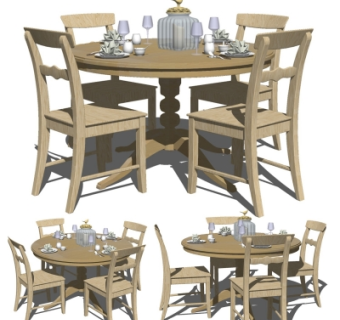 简欧实木餐桌椅su模型