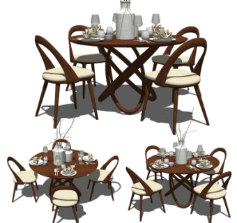 现代简约实木圆形餐桌椅su模型