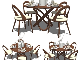 现代简约实木圆形餐桌椅su模型