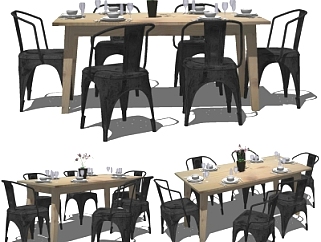 工业风实木金属餐桌椅su模型