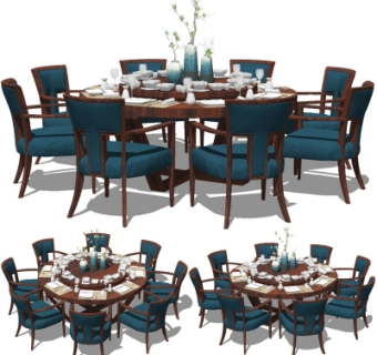 新中式实木圆形餐桌椅su模型