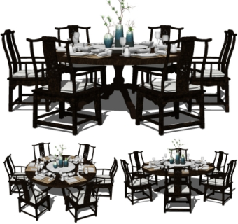 新中式实木圆形餐桌椅su模型