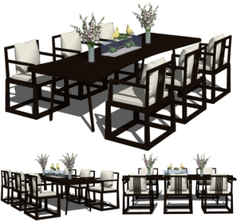 新中式实木餐桌椅su模型