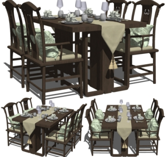 新中式实木餐桌椅su模型