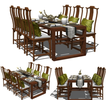 新中式实木餐桌椅su模型