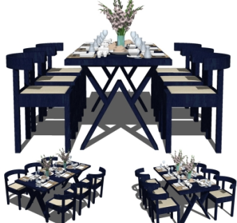 新中式实木餐桌椅su模型