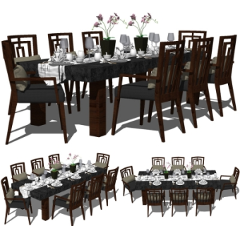 新中式实木餐桌椅su模型