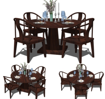 新中式圆形餐桌椅组合su模型