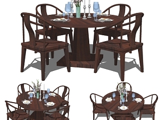 新中式圆形餐桌椅组合su模型