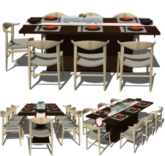 新中式实木餐桌椅su模型