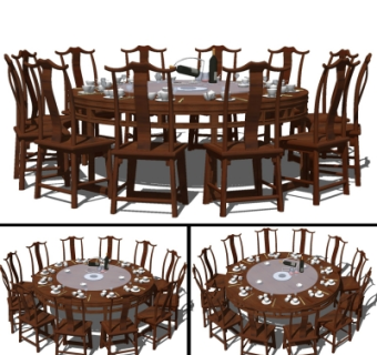中式实木圆形餐桌椅组合su模型